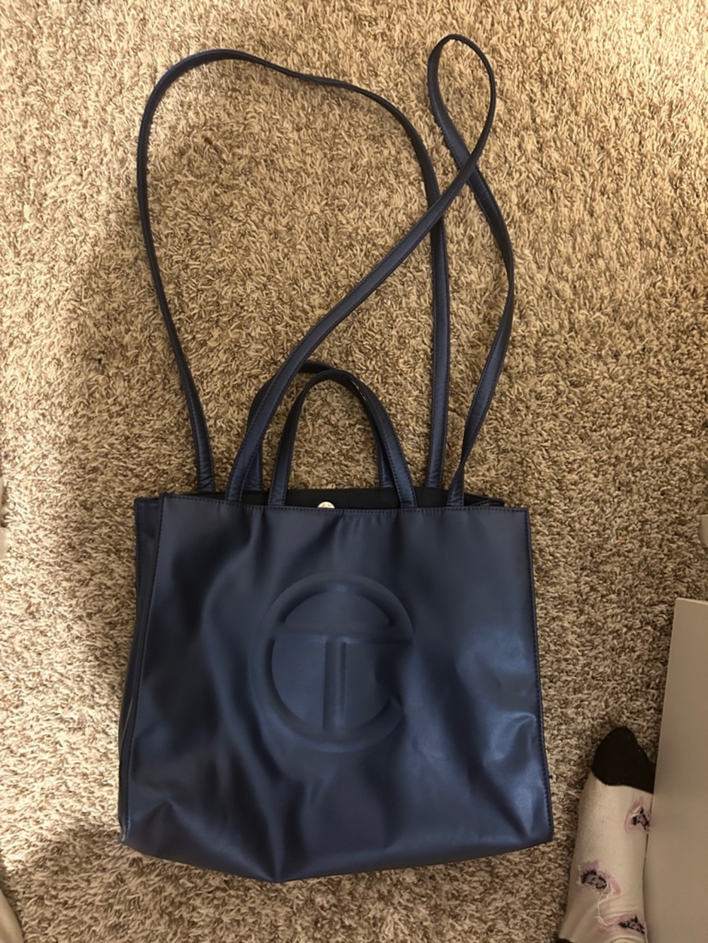 Telfar Navy Leather Tote with Embossed Logo